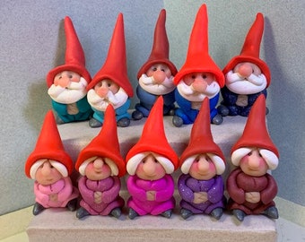 RED HATTED Gnomes, Grampas and Grammas, with a variety of clothing colors, and varying hues of red hats.. Your choice of one.