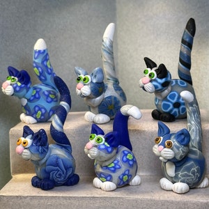 Flower Power Felines, BLUE Series cat miniatures.  Your choice of one.