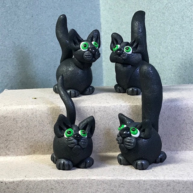 Polymer Clay Miniature Black Cat , Cute Figurine Fimo Cat - Kawaii Style  Kitty