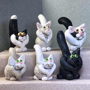 Black and white Ruffed Fluffy style cat miniatures. Maine Coon-ish. Group A. Your choice of one.