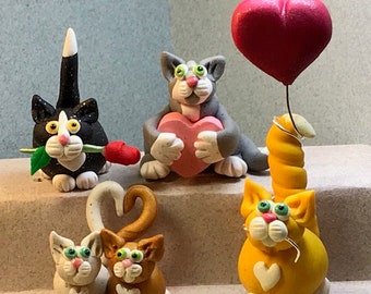 LOVER CAT miniatures!  8 styles, with hearts, or a flower, or a balloon! Calendar Cats, February -Your choice of one.