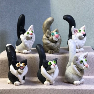 Black and white Ruffed Fluffy style cat miniatures. Maine Coon-ish. Group C. Your choice of one.
