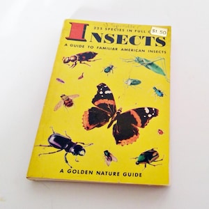 May include: A yellow book cover with the title "Insects" and the subtitle "A Guide to Familiar American Insects". The cover features illustrations of various insects, including a butterfly, a beetle, and a grasshopper.
