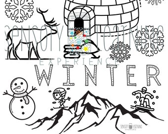 Winter Coloring Sheet, I SPY Activity, Home School Activity, Winter Play Mat, Watercolor Art, Play Dough Mat, Ski Gear INSTANT DOWNLOAD