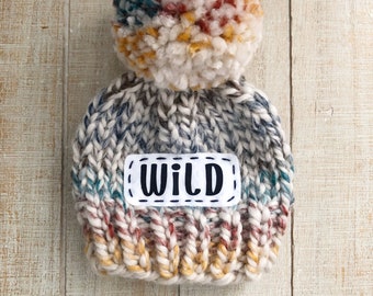 Wild knit baby pom hat/name announcement hat/birth announcement/pregnancy announcement/personalized kids hat
