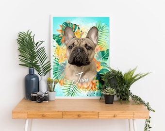 Peut inclure: Illustration numérique d'un bouledogue français sur un fond floral tropical. Le nom du chien, "Juno", est écrit en cursive blanche sous la tête du chien.