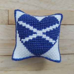 1/12th scale Dolls House Hand Embroidered Flag Motif Cushion: Love Scotland Design in Blue & White