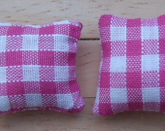 1/24th Scale Dolls House Printed Fabric Cushions: Check Design in Cerise & White