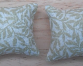 1/12th Scale Dolls House Printed Fabric Cushions: Leaves Pattern in Shades of Green