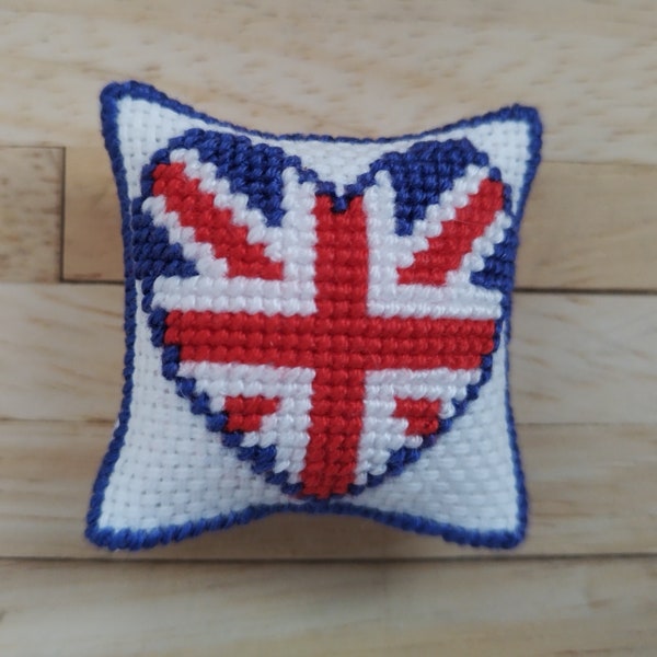 1/12th scale Dolls House Hand Embroidered Flag Motif Cushion: Love GB Design in Red, White & Blue