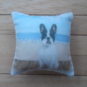 1/12th Scale Dolls House Designer Print Cushion Dog Breeds Design: French Bulldog On The Boardwalk