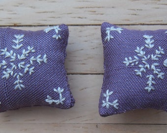 1/24th Scale Dolls House Hand Embroidered Floral Snowflake Design Mauve Cushions with White Flowers