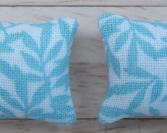 1/24th Scale Dolls House Printed Fabric Cushions: Leaf Pattern in Turquoise