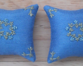 1/12th scale Dolls House Hand Embroidered Petit Garland Design Blue Cushions with Pale Blue Flowers