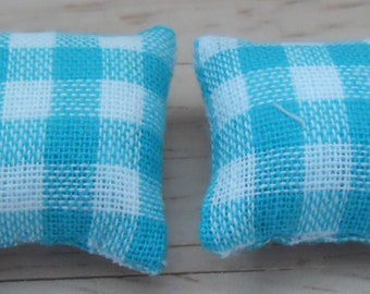 1/24th Scale Dolls House Printed Fabric Cushions: Check Design in Turquoise & White