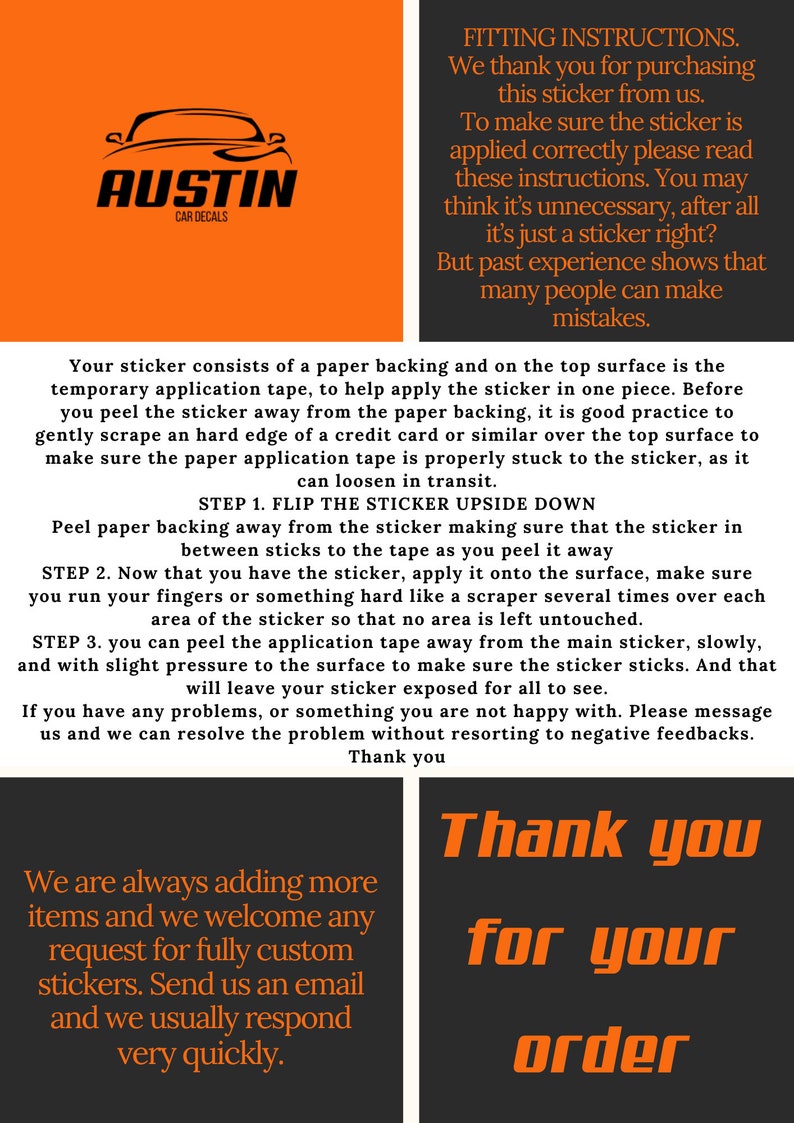 a black and orange business card with the words, thank you for your order