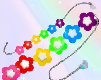 Daisy Flower Rainbow Matching Chain Belt and Choker Necklace