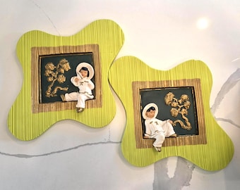 Vintage MCM Asian Chalkware Wall Plaques