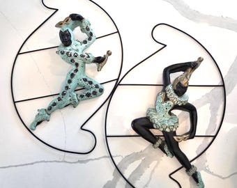 A Pair of Vintage MCM Chalkware Harlequin Dancers Wall with Iron Wire Plaques/Hangings.