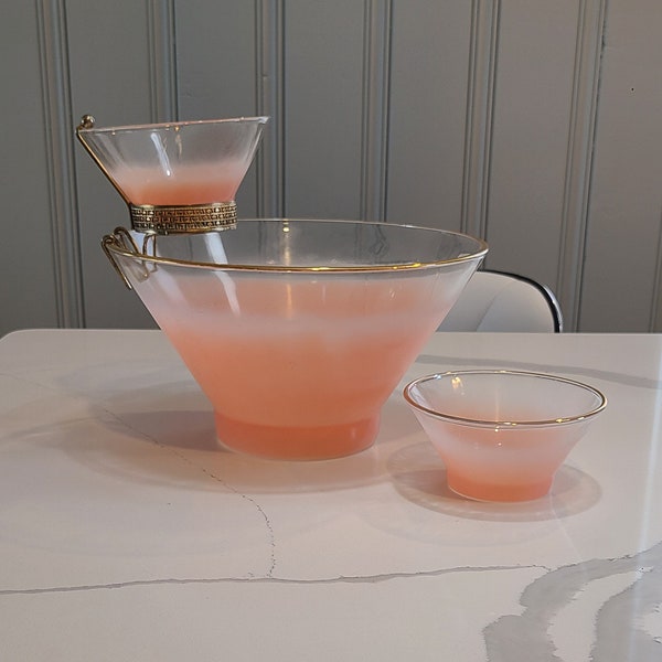 Vintage Mid Century Atomic Pink Blendo Chip and Dip bowl with holder