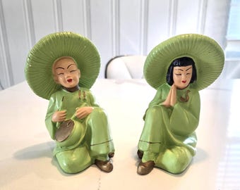 Set of 2 Vintage 1950's Chalkware Chalk Figurines Boy Girl Asian