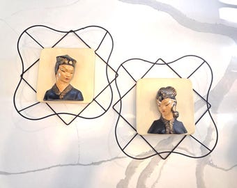 Vintage MCM Asian Portrait Chalkware Wall with Iron Wire