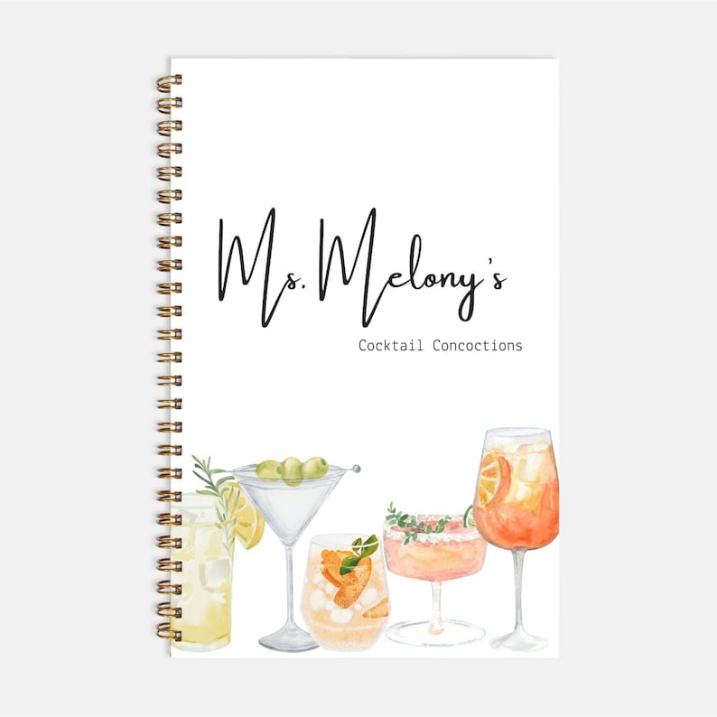Custom Cocktail Recipe Book Cute Watercolor Mixology Book with Blank Recipe Pages 5.5" x 8.5"