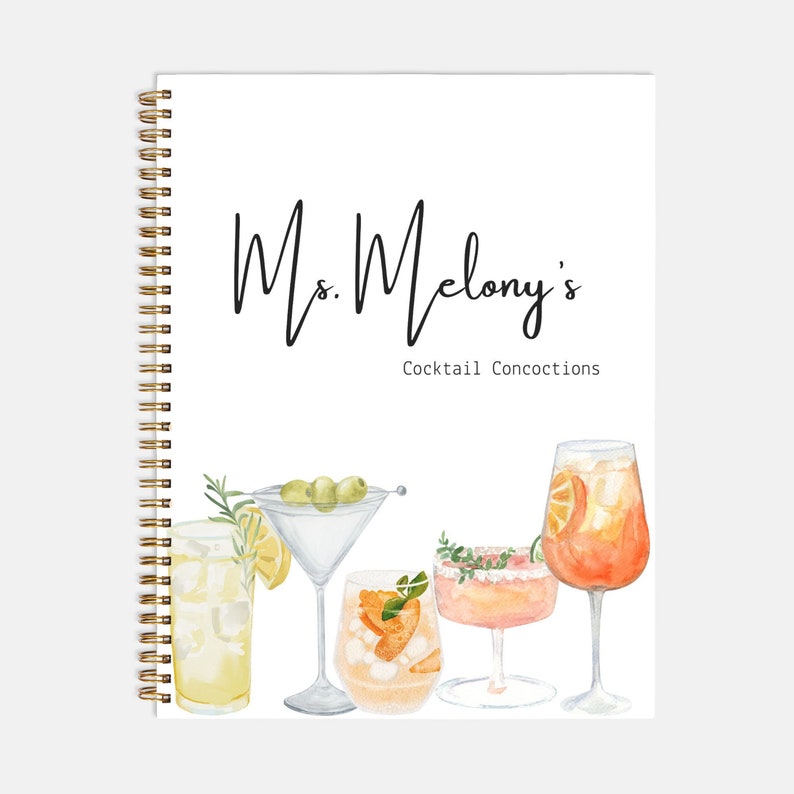 Custom Cocktail Recipe Book Cute Watercolor Mixology Book with Blank Recipe Pages 8.5" x 11"