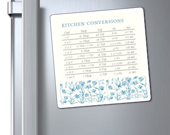 Gráfico de conversión de cocina Imán de refrigerador / Equivalentes de horneado / Flores ilustradas / Libro de recetas a juego disponible / Regalo para chef