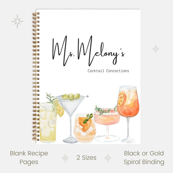 Custom Cocktail Recipe Book | Cute Watercolor Mixology Book with Blank Recipe Pages