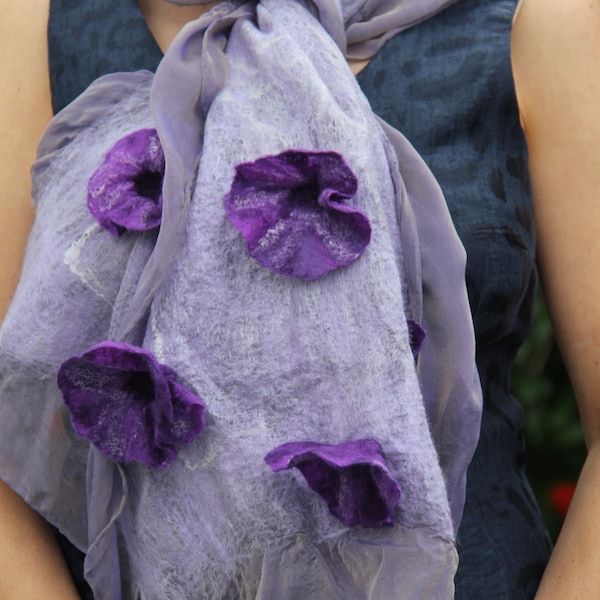 Nuno felted shawl / nuno felted scarf  / lilac silk chiffon / nuno felted flowers / handmade / merino wool shawl / scarf / spring shawl.