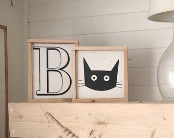 Cat silhouette wooden sign / Farmhouse Halloween Sign / Fall Wall decor / Modern farmhouse  / mini sign / tiered tray sign cat lover