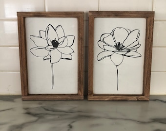 Home decor / wall hanging / signs / large wall art / Free hand flower stem collection Framed wood signs