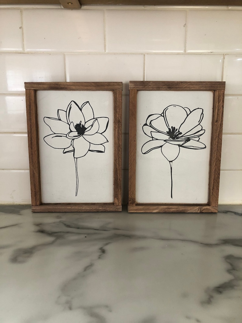 Home decor / wall hanging / signs / large wall art / Free hand flower stem collection Framed wood signs image 1