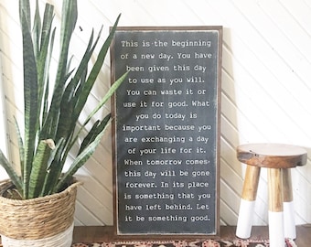 Large wall art / wall hanging / strong quotes / life quotes / signs / This is the beginning of a new day typewriter font framed wood sign