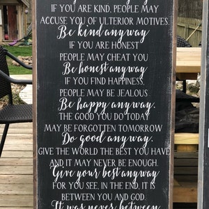 Quotes to live by / Sign / wall decor / home decor / inspirational quotes / daily devotional / Mother teresa anyway poem framed wood sign