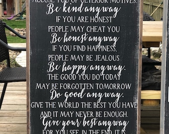 Quotes to live by / Sign / wall decor / home decor / inspirational quotes / daily devotional / Mother teresa anyway poem framed wood sign