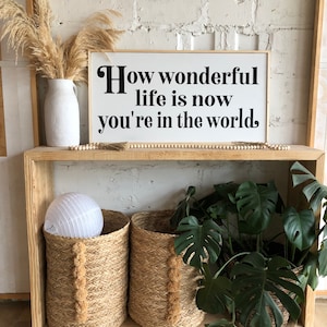 Large wall decor / signs / home decor / nursery / how wonderful life is now you&#39;re in the world framed wood quote sign art