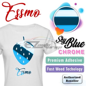 May include: A white t-shirt with a blue and white strawberry graphic and the text "Essmo" printed on the front. The shirt is a promotional item for a company that sells car wraps. The text "Sky Blue Chrome" is printed in black on a white background. The text "Premium Adhesive" is printed in white on a light green background. The text "Fast Weed Technology" is printed in white on a light purple background. The text "Authorized Reseller" is printed in white on a red background.