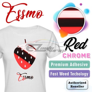 May include: White t-shirt with a red and black strawberry graphic and the text "Essmo" printed on the front. The t-shirt is a promotional item for a vinyl wrap company. The text "Red Chrome" is printed in black on a pink background. The text "Premium Adhesive" is printed in white on a green background. The text "Fast Weed Technology" is printed in white on a purple background. The text "Authorized Reseller" is printed in white on a blue background.