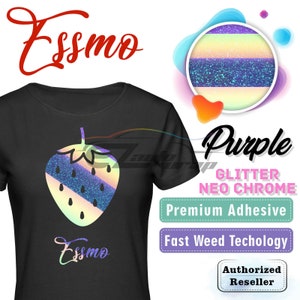 May include: A black t-shirt with a white strawberry design featuring a purple, blue, and yellow glitter pattern. The text "Essmo" is printed on the shirt in a white font. The image also includes the text "Purple Glitter Neo Chrome", "Premium Adhesive", "Fast Weed Technology", and "Authorized Reseller".