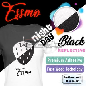 May include: A white t-shirt with a black strawberry graphic and the text "Essmo" printed on the front. The shirt is shown on a black background with the text "night day Black REFLECTIVE" and the words "Premium Adhesive", "Fast Weed Technology", and "Authorized Reseller" in boxes.