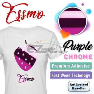 May include: White t-shirt with a purple and pink strawberry graphic and the text "Essmo" printed on the front. The shirt is a blank canvas for customization with a purple chrome vinyl sticker. The sticker features a premium adhesive and fast weed technology. The text "Purple Chrome" is printed in black above the sticker. The text "Premium Adhesive" is printed in white on a teal background. The text "Fast Weed Technology" is printed in white on a purple background. The text "Authorized Reseller" is printed in white on a blue background.