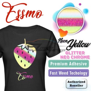 May include: A black t-shirt with a white strawberry graphic and the text "Essmo" printed on the front. The strawberry has a pink and green glitter design. The image also shows a sample of the glitter material in neon yellow with the text "Neon Yellow Glitter Neo Chrome, Premium Adhesive, Fast Weed Technology, Authorized Reseller."