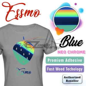 May include: A gray t-shirt with a blue and green strawberry graphic and the word "Essmo" printed on it. The shirt is a promotional item for a company that sells vinyl wraps. The vinyl wrap is a blue and green color with a rainbow effect. The text on the image reads "Blue Neo Chrome", "Premium Adhesive", "Fast Weed Technology", and "Authorized Reseller".