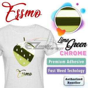 May include: A white t-shirt with a lime green chrome strawberry graphic and the word "Essmo" written in a cursive font. The text "Lime Green Chrome", "Premium Adhesive", "Fast Weed Technology", and "Authorized Reseller" are also visible in the image.