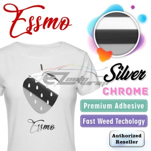 May include: A white t-shirt with a silver chrome strawberry graphic and the word "Essmo" printed on it. The shirt is advertised as having a premium adhesive and fast weed technology. The text "Silver Chrome" is also displayed on the image.