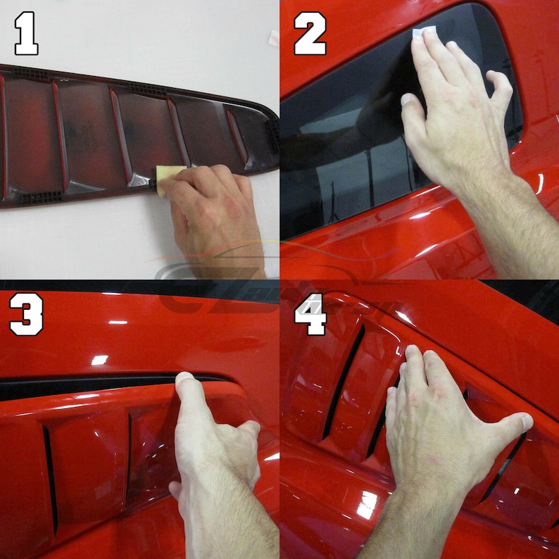 May include: A four-step guide on how to install a black vinyl side vent on a red car. The first step shows the vinyl being smoothed down. The second step shows the vinyl being applied to the vent. The third step shows the vinyl being smoothed down again. The fourth step shows the vinyl being trimmed.