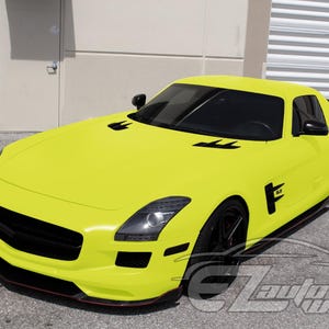 May include: A bright yellow sports car featuring a matte finish, black wheels, black side vents, and black front grille accents. The vehicle has a long hood, tinted windows, and a sleek aerodynamic body design with a low-profile front bumper.
