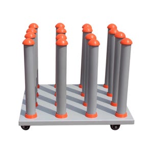 May include: A gray metal cart with orange-capped vertical poles. The cart has a rectangular base with small wheels. The poles are evenly spaced and arranged in a grid pattern, suggesting a storage or display unit.